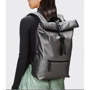 Rains Metallic Gray Rolltop Rucksack Waterproof Cycle Backpack Laptop Pocket